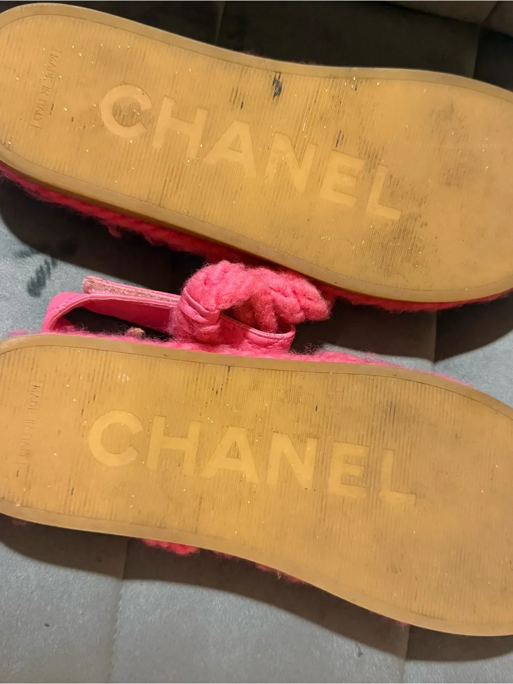 CHANEL Hot Pink Quilted Wool Slide Sandals